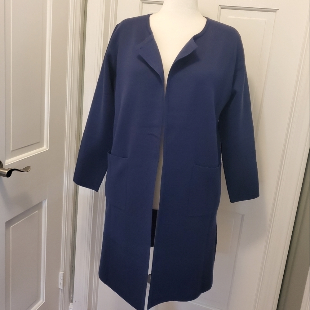 NWT Merokeety Navy Blue Open Front Midi Length Cardigan Size Large, Classic